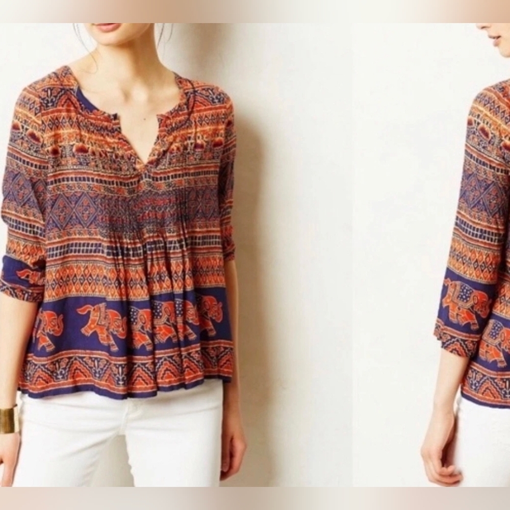 VANESSA VIRGINIA Mahdia Boho Peasant Elephant Print Blouse Size 2